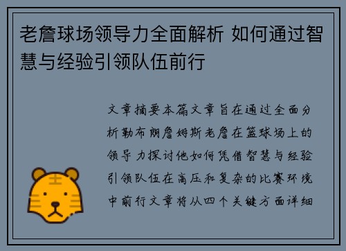 老詹球场领导力全面解析 如何通过智慧与经验引领队伍前行 老詹球场领导力全面解析 如何通过智慧与经验引领队伍前行
